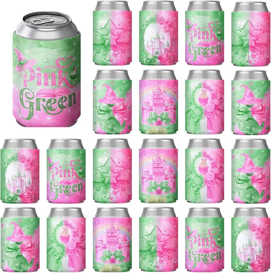 SiliFine 24 Pcs Witch Pink and Green Princess Cup Can Cooler Bulk 12 oz Iced Coffee Beer Cup Cooler Neoprene Insulated Sleeve for BFF Couples Emerald Castle Enchanted Birthday Party Decoration