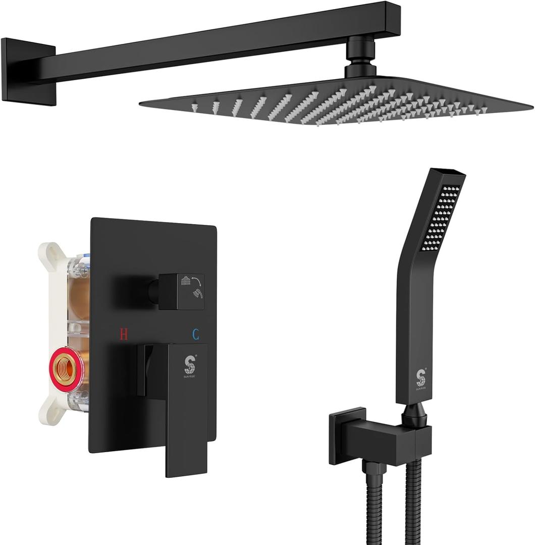 SR SUN RISE Black Square Rainfall Shower Head and Handle Set, Wall Mounted Shower Fixtures, Metal Shower Faucet Trim Repair Kits (With Shower Valve) (10 Inch, Matte Black)