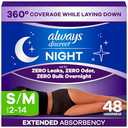Always Discreet Night, Reimagined Adult Diapers for Women, Extended Overnight Absorbency Incontinence and Postpartum Underwear Size S/M, 360 Degree Coverage While Laying Down, 48 Count​