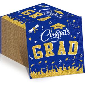 Supervitae 100 Pcs Graduation Napkins Class of 2026 Disposable Graduation Cocktail Napkin Congrats Grad Square Paper Tissues for 2026 High School University College Party Supplies(Blue,Grad)