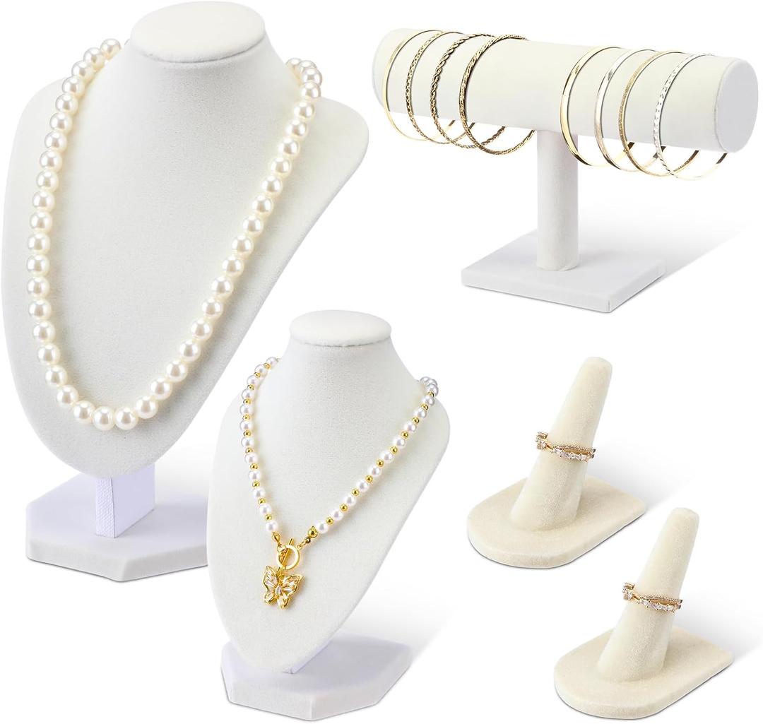 Wenqik 5 Pcs Velvet Jewelry Display Set Necklace Bust Holder T Bar Bracelet Holder Ring Display Stand Jewelry Organizer for Vendors Selling Trade Show Retail Home Decor(Beige)