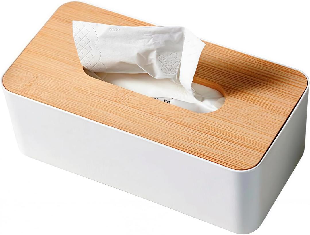 Tissue Box with Bamboo Cover, Plastic Tissue Organizer, Bathroom Tissue Dispenser for Home, Bedroom, Office, Living Room, 8.4 × 4.7 × 3.3 in (Grey)