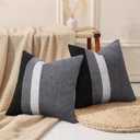 Adabana Set of 2 Linen Pillow Covers Decor Square Patchwork Throw Pillow Covers 18x18 Inch Farmhouse Cushion Covers Decorative Couch Bedroom Sofa Living Room,Grey