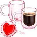 LemonRoad 2 Pcs Valentine Heart Glass Pink Double Walled Mugs Insulated Galentine Coffee Mugs with Handle Glass Cups for Coffee Milk Valentine's Day Gift Mother's Day Gifts 8.5 Oz/ 250 ml