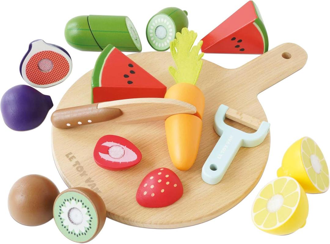 Le Toy Van - Wooden Chopping Board and Super Food Set | Perfect for Supermarket, Food Shop or Cafe Pretend Play  Suitable for Boys & Girls Age 24+ Months