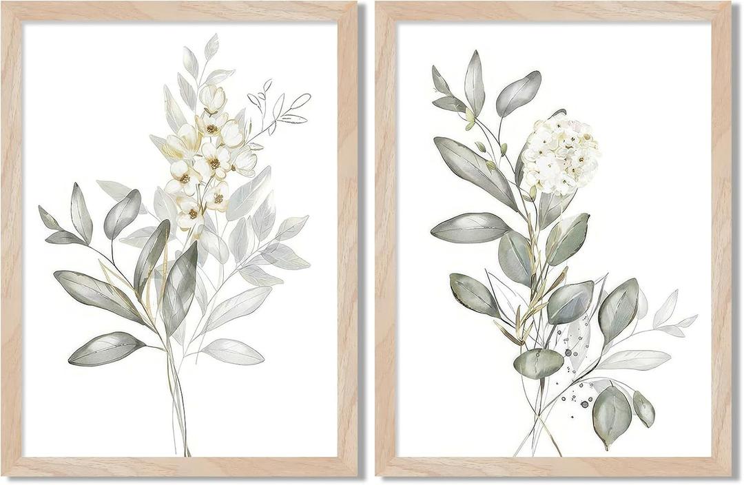 Framed Nature Botanical Wall Art Set of 2, White Floral with Green Eucalyptus Leaves Canvas Prints, Modern Minimalist Flower Painting Picture For Kitchen, Bedroom, Dining Room,Bathroom Decor, 16x20IN
