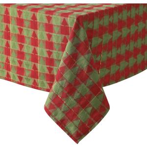 Home Bargains Plus Evergreen Tree Plaid Fabric Tablecloth, 52 x 70 Inch Rectangle, Red and Green Holiday Check with Tree Pattern, Cotton Blend Christmas Table Cover for Festive Dining
