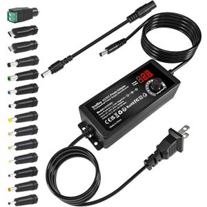 SoulBay Universal AC DC Power Supply Adapter 72W 3V to 24V Output with Adjustable Voltage & Volt Display for Household Electronics, 14pcs Tips & 1pc Reverse Polarity Cable Included, 3000mA Max