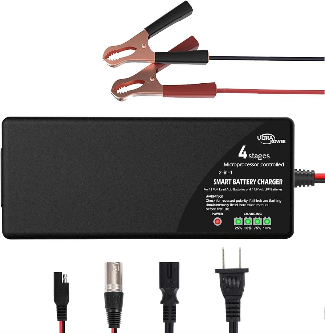 ULTRAPOWER 14.6V 10A LiFePO4 Battery Charger,Smart Battery Charger for 12V LFP Batteries and Lead Acid Battery,4LEDs Indicator,Fast Charging,High Efficiency for Deep Cycle Batteries.
