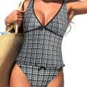 ZAFUL Women's Tankini Swimsuits V Neck Tummy Control Bow Color Block Two Piece Swimsuit Bathing Suit, Small