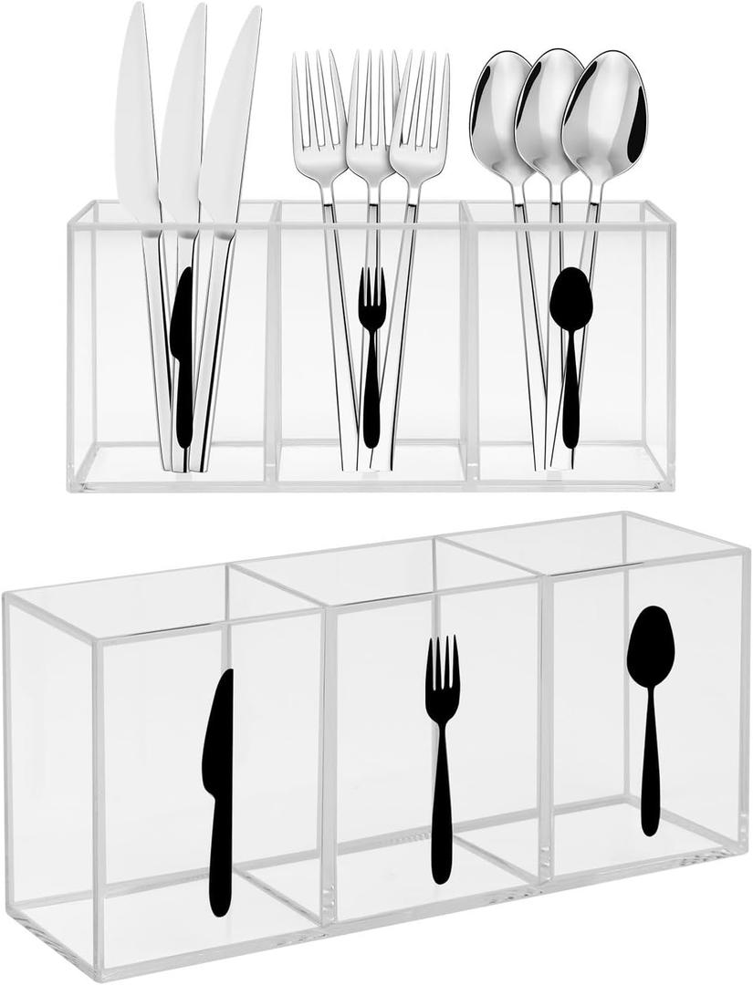 Plastic Utensil Holder, Knife Fork and Spoon Holder Silverware Caddy, Acrylic Kitchen Cutlery Storage Box, Flatware Organizer for Countertop, Indoor Outdoor Party Tableware Holder (Transparent)