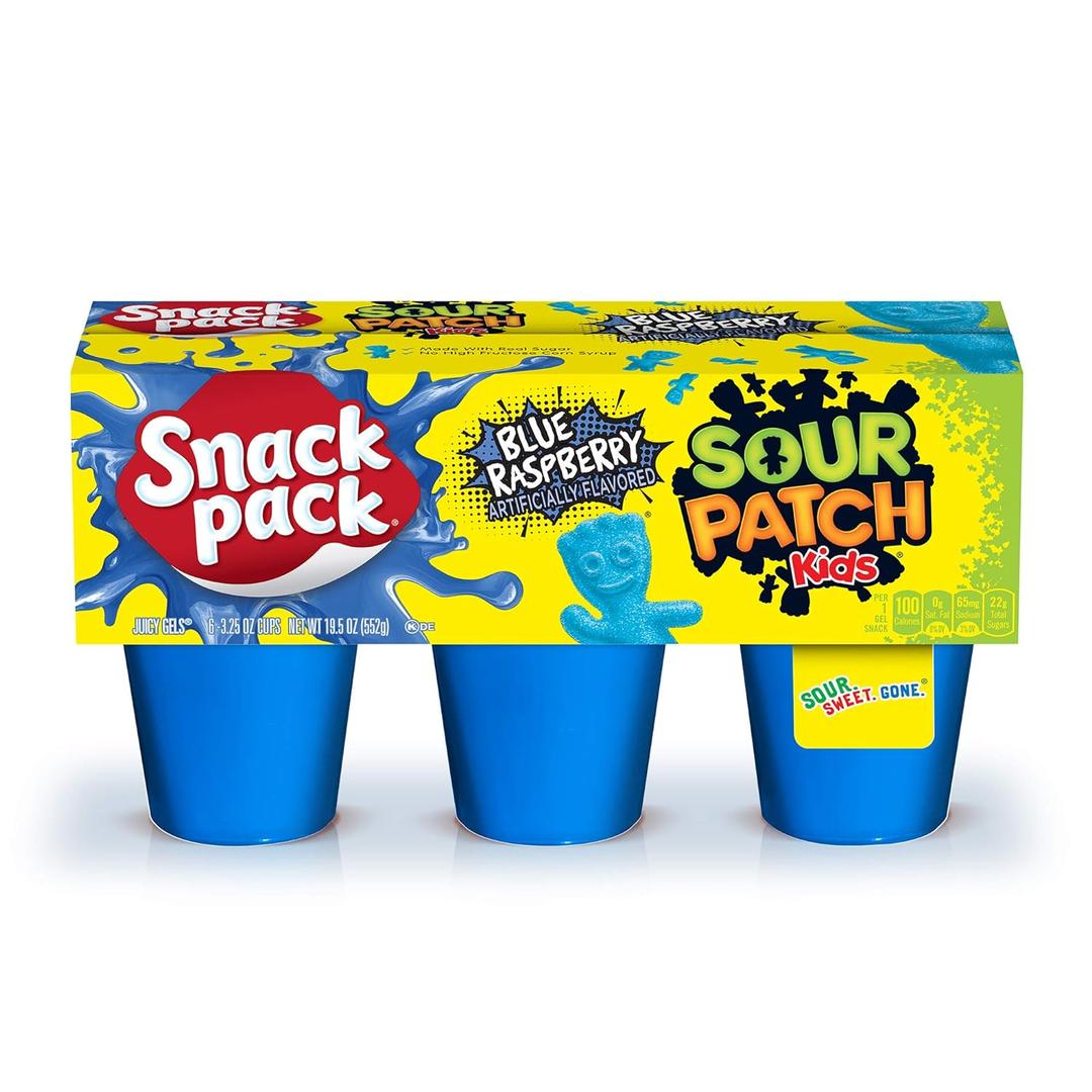 Snack Pack SOUR PATCH KIDS BLUE RASBERRY Flavored Juicy Gels Cups, 3.25 oz., 6-Count (Pack of 8)