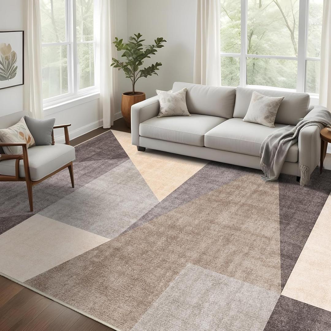 Washable Modern Area Rug: 8x10 Large Geometric Area Rugs for Living Room & Bedroom with Non-Slip Backing Modern Geometric Carpet for Living Room Brown Grey 8'x10'