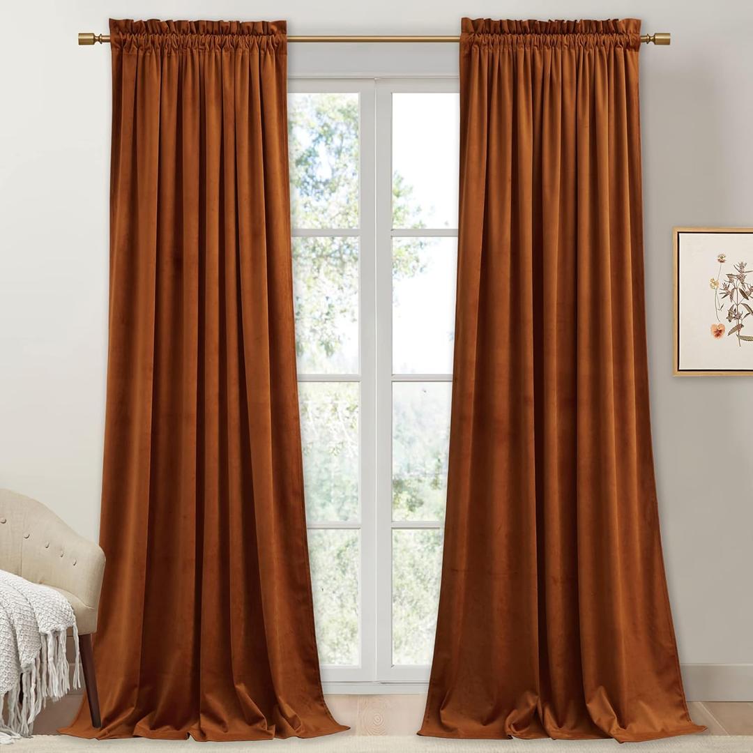 StangH Fall Curtains Burnt Orange Velvet Curtains Luxury Terracotta Thermal Insulated Room Darkening Bedroom Window Drapes for Living Room, Holiday Home Decor for Backdrops, W52 x L84, 2 Panels