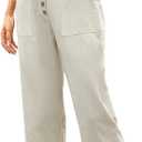 SVALIY Summer Cotton Linen Cropped Wide Leg Pants Capris Women Ladies Casual Loose Palazzo Pant Work Elastic Pocket (XX-Large, Apricot)