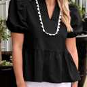 Cicy Bell Women Puff Sleeve Peplum Blouse Ruffle Vneck Summer Babydoll Tops (Black, L)
