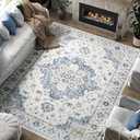 jinchan Area Rug 8x10 Vintage Washable Living Room Rug Floral Medallion Non Slip Thin Floor Cover Retro Classic Soft Boho Farmhouse Carpet for Bedroom Dining Room Kitchen Blue