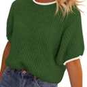 Saodimallsu Womens Puff Short Sleeve Sweater Tops Spring Summer Color Block Ribbed Knit Crew Neck Going Out Shirts (Green, L)