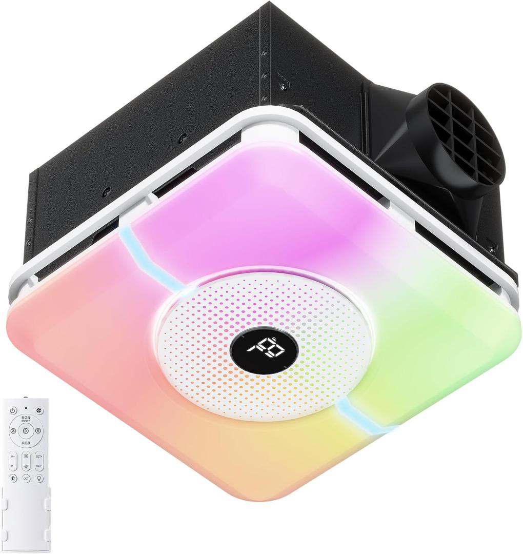 VallisCo Bathroom Exhaust Fan with Light, 260 CFM Bath Fan with Remote, 4 Color Temperatures & 7 Color RGB Night Light, 110V Ceiling Mount Ventilation Fan with 4 Inch Duct, 11.6"x11.6" Cutout, Multifunctional