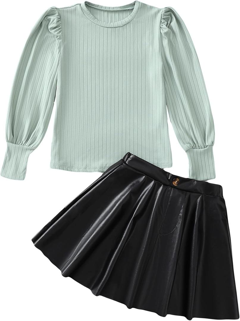 Girls Skirt Sets 2 Piece Outfits Long Sleeve Puff Mock Neck Tops and Plaid Skirts Fall Winter Clothes Size 6-14Y (Green)