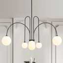 Black Sputnik Chandelier,6 Lights Modern Chandelier for Dining Room Mid Century Chandelier Large L49 Ceiling Pendant Light Fixtures with Milk Glass Globe Shades for High Ceiling Foyer Living Room