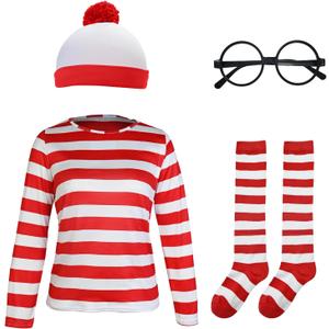Adult Red and White Striped Shirt Women Funny Halloween Costumes Shirt Hat Socks and Glasses Suits (XX-Large)