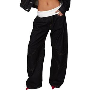 Unybwonn Women Baggy Cargo Jeans High Waist Patchwork Trendy Vintage Denim Pants Wide Leg Distressed Jeans with Pockets (Small, 02 Black)