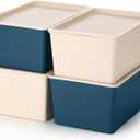 4 Pcs Storage Bins with Lids, Beige, Blue, Small | Plastic Stackable Organizing Containers, Heavy Duty Storage Boxes for Classroom Room Shelves, Christmas Ornaments Baskets