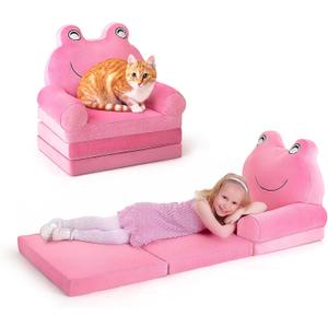 Kids Sofa Comfy, Adorable Animal Toddler Chair, Foldable Kids Couch with Removable Washable Cover, Soft & Breathable Fabric, No Assembly Needed, Foldable Baby Sofa(Pink Frog)