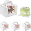 25 Pcs 5 x 5 x 4 Inch White Cake Boxes with Handle & Boards, Easy Carrying Paper Cakes Containers, Cake Holder Window Carriers for Birthday Christmas Birthday Wedding, Party, Gift