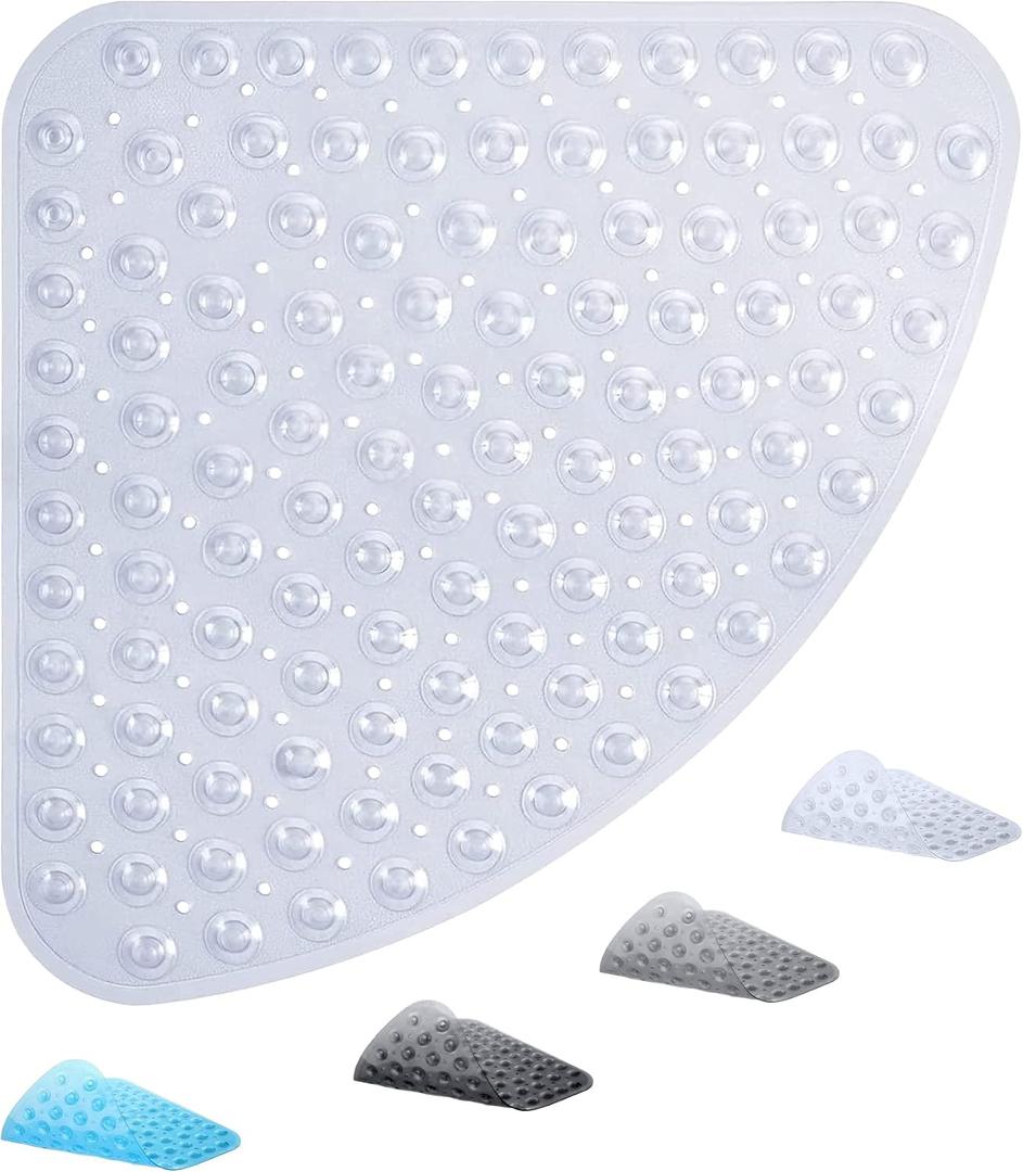 ADOV Corner Shower Mat Non Slip, 21x21 inch Curved Shower Mats for Inside Shower, Anti-Slip Bath Mat with Strong Suction Cup, Drain Holes, Machine Washable, Ideal for the Elderly (Clear), 20" x 20"