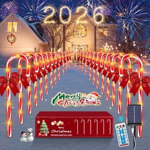 HELESIN 24 Pack 144 LED Christmas Solar Candy Cane Pathway Lights Outdoor Christmas Candy Cane Lights, 8 Modes Timer Remote, Solar & USB Charging Christmas Light Waterproof for Patio Garden Pathway