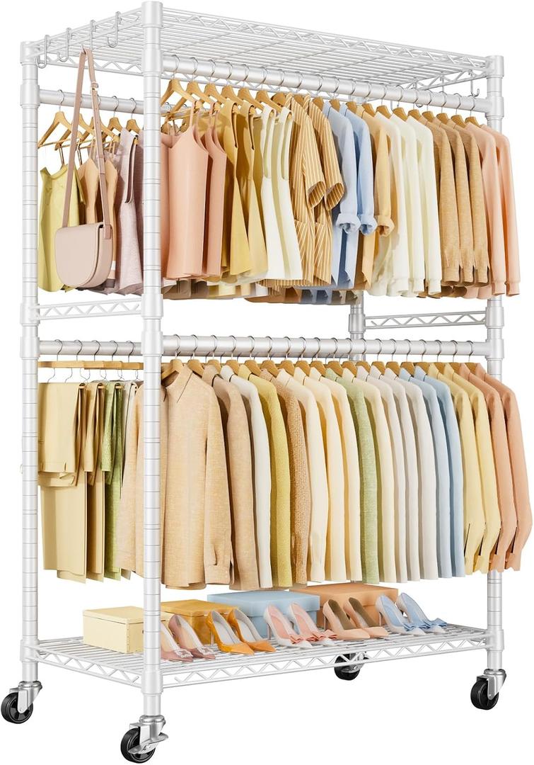ULIFHOME P4 Plus Rolling Clothes Rack Heavy Duty, Clothing Racks for Hanging Clothes, Free Standing Garment Racks with Wheels, Portable Closet Rack 45''W 20.5''D 80.5''H, Max Load 570 Lbs, White