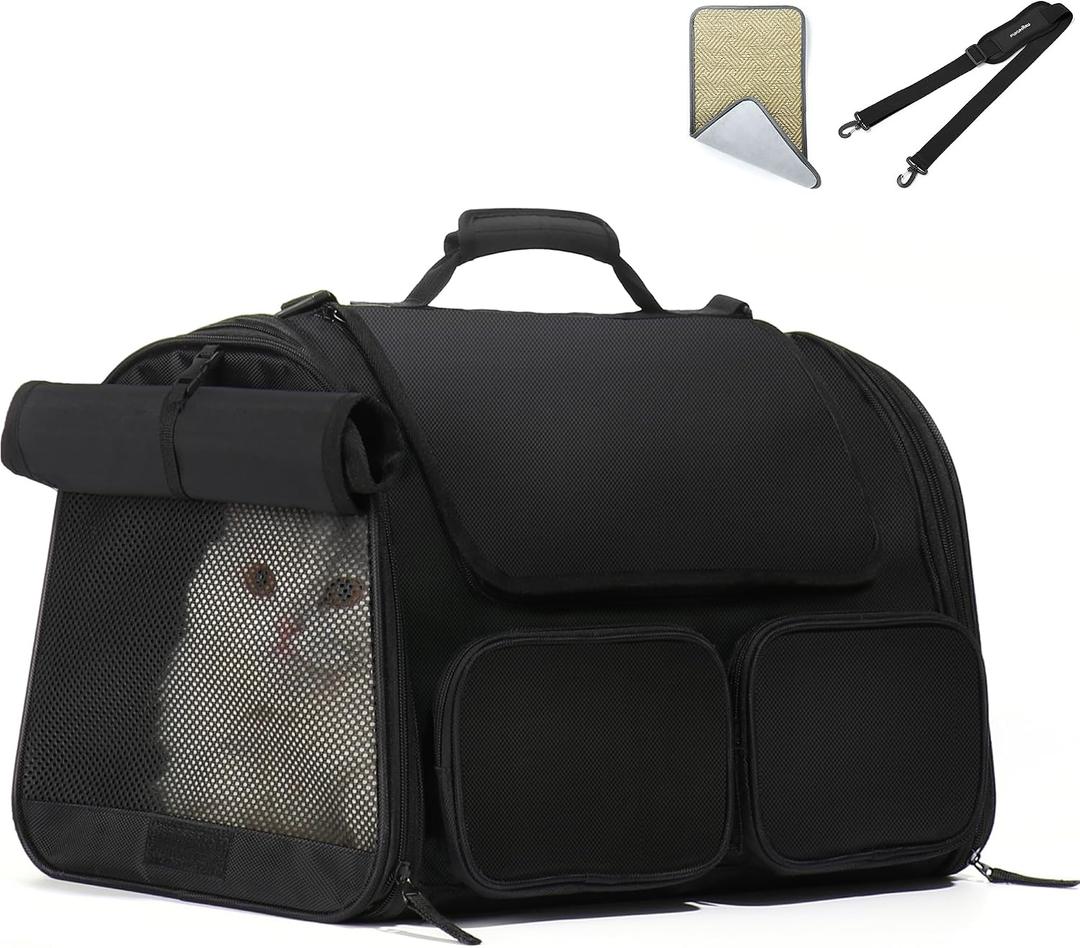 FUKUMARU Cat Carrier, Airline Approved Dog Carrier with Rollable Cover
Breathable Soft Cat Carrier, Multiple Doors & Storage Pockets Cat Travel Bag, Durable Pet Carrier for Cat Under 15 lb, Black