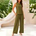 2 Piece Linen Matching Sets for Women Reversible Cute Back Bow Summer Outfits Wide Leg Pants Vacation Lounge Sets (Green, XL)