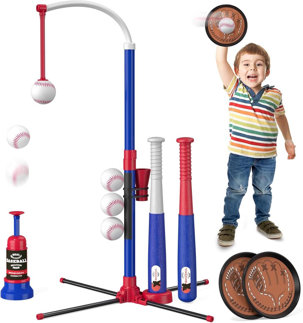 HYES 4 in 1 T Ball Sets for Kids 3-5 with Toss and Catch Ball Set, Hanging Tee Stand with Auto Pitching Machine/ 2 Bats, Indoor Outdoor Toys Birthday Baseball Gifts for Toddler Boys Girls, Blue