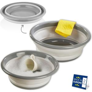 Hakan Collapsible Multipurpose Washing Tub Set of 2 | Foldable Round Dish Bins | Space Saving Portable Sink for Kitchen, Camping, RV | Plastic Washbin, 2-Pack, 9 L-5L, Gray