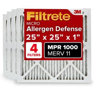 Filtrete 25x25x1 AC Furnace Air Filter, MERV 11, MPR 1000, Micro Allergen Defense, 3-Month Pleated 1-Inch Electrostatic Air Cleaning Filter, 4 Pack (Actual Size 4-Pack 24.688x24.688x0.813 in)