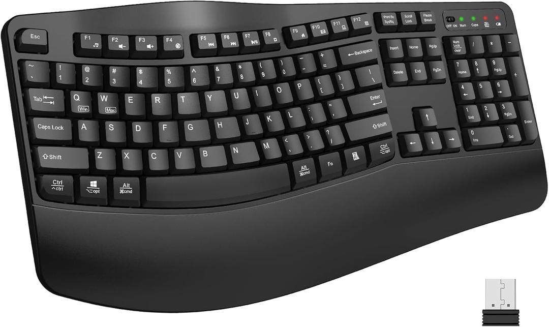 EDJO Ergonomic Wireless Keyboard with Wrist Rest, Wave Keys, for Large Hands, 2.4GHz Full Size Ergo Cordless USB Computer Keyboard, Comfortable Natural Typing, for Laptop, Mac, Windows (Black) 