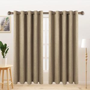 LORDTEX Linen Look Textured Blackout Curtains with Thermal Insulated Liner - Heavy Thick Grommet Window Drapes for Bedroom, 70 x 63 Inches, Tan, Set of 2 Panels