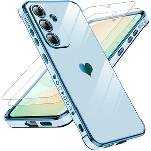 LeYi for Samsung Galaxy S25-FE Case: [ ] Tempered Glass Screen Protector [2 Pcs]+ Full Camera Lens Protection,Love Heart Plating Luxury Shockproof for S25FE,Sierra Blue