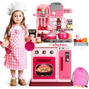 DRAMATION Kids Kitchen Playset, 27.1 Inches Play Kitchen with Sound and Light, Kitchen Set for Toddlers 1-3 3-5, Cooking Stove, Play Sink and Kitchen Accessories, Toy Kitchen (Pink)