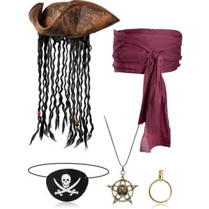 Sintege 5 Pieces Pirate Costume Accessories Set Pirate Hat with Dreadlock Earring Skull Necklace Eye Patch Sash for Men Women (Burgundy)