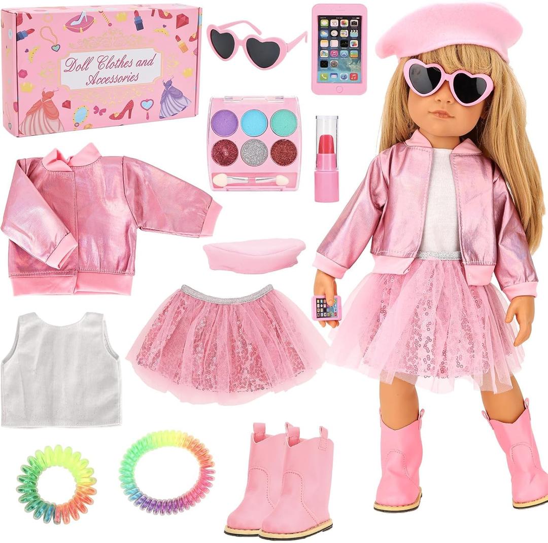 11 Pcs American 18 Inch Doll Clothes & Makeup Accessories Include Beret T-Shirt Jacket Skirt Boots Phone Doll Makeup Playset Eye Shadow Lipstic for 18 Inch Girl Dolls (NO Dolls)
