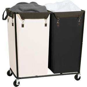 STORAGE MANIAC Commercial Laundry Hamper with Heavy Duty Steel Frame, 74 Gal. Industrial Laundry Basket Cart with Wheels for Hotel, Home, Laundry Room, Big Large Clothes Sorter, 2 Section Beige/Black