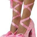 Platform Heels Chunky Bow Ribbon Pumps (Pink) 
