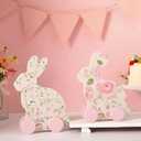 Yousoontic 2 Pcs Bunny Baby Shower Decoration Wooden Bunnies Decor with Wheels Baby Shower Table Centerpieces with Floral Prints Gift for Mom Gender Reveal Birthday Party, Nursery Decor(Pink Easter)