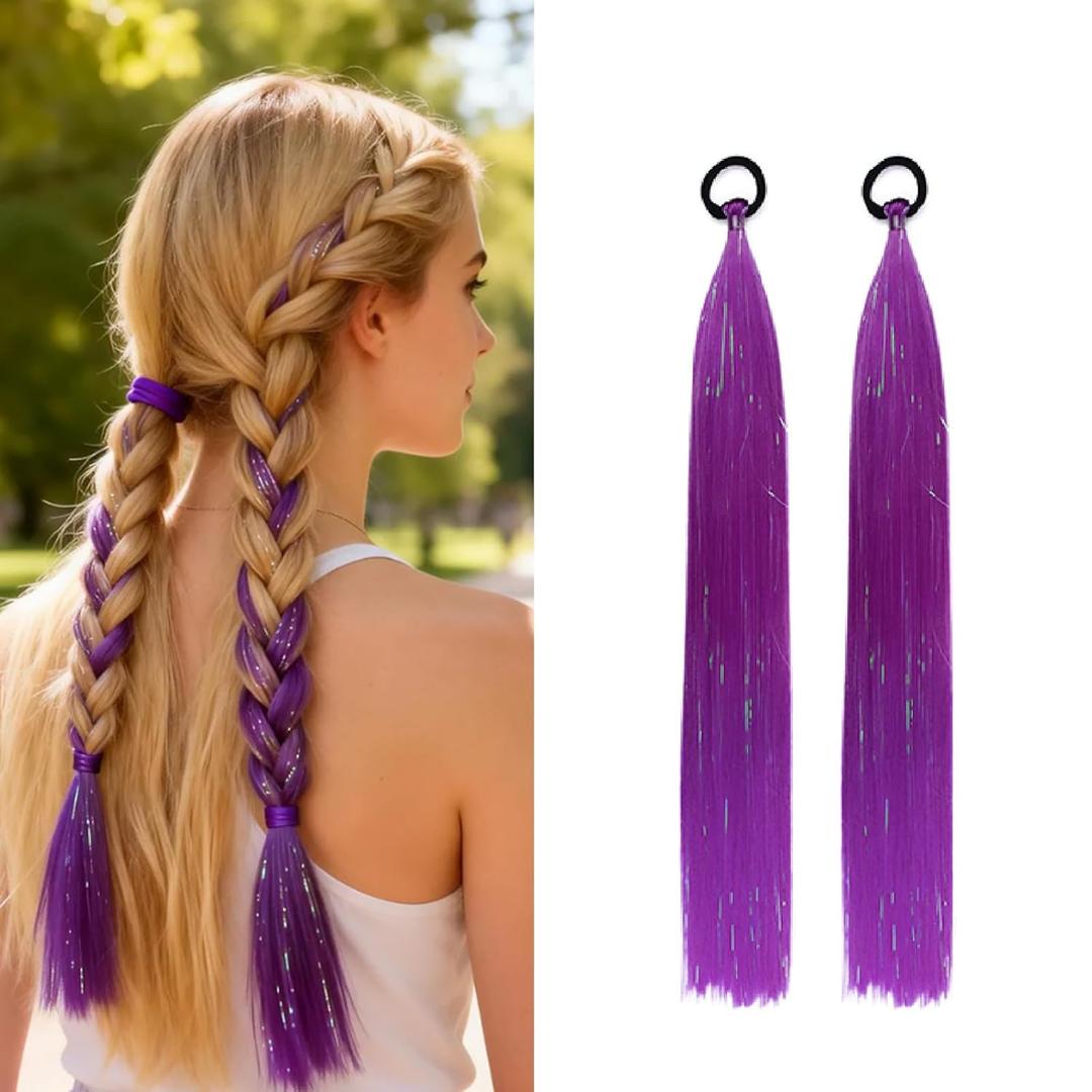 Purple Hair Extensions Colored Ponytail Extensions Festival Braiding Hair Accessories for Women 20 Inch Crazy Hair Day Accessories for Girls Synthetic Mixed Tinsel Ponytail Braids 2Packs 100g