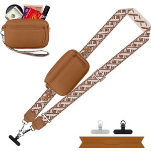 Clip and Go Strap for Phone with Wallet Crossbody, Adjustable Phone Lanyard with Detachable RFID Wristlet Wallet, Pattern Strap, Bronze(M)