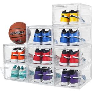 Attelite X-Large Clear Plastic Shoe Boxes - Stackable Shoe Organizer with Magnetic Door (9 Pack, Clear White)